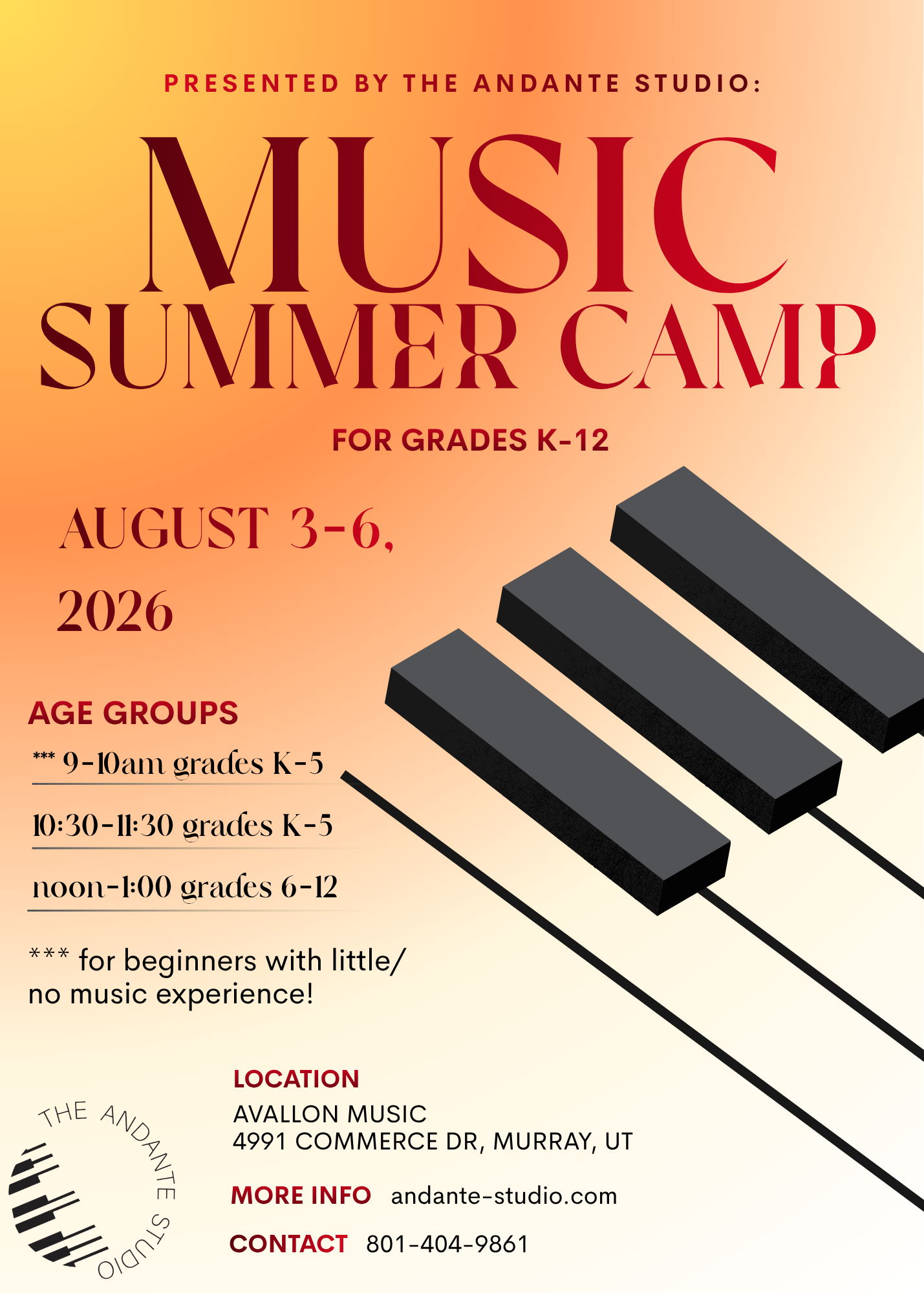 Music Summer Camp flyer with dates, age groups, location, and contact information
