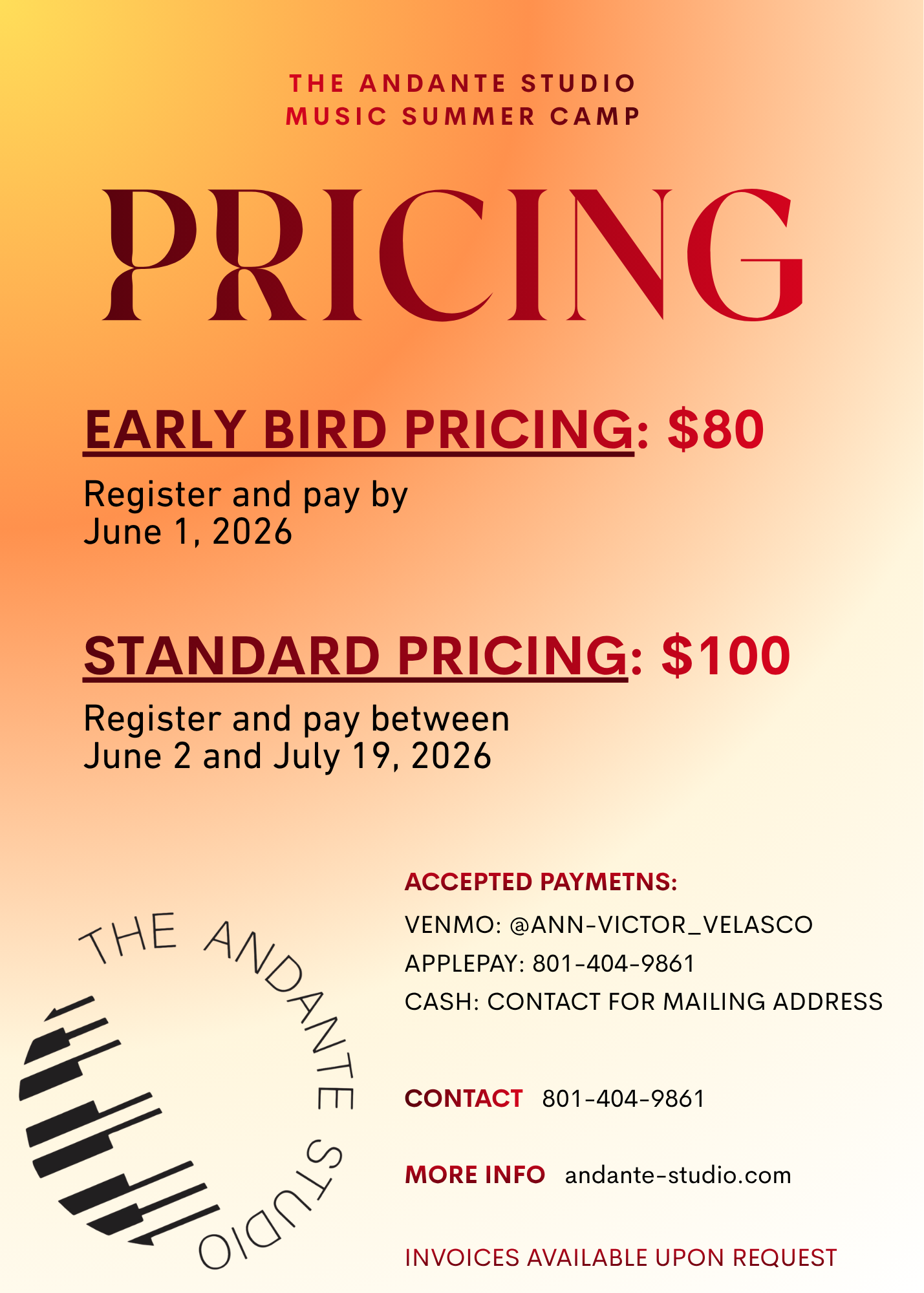 Music Summer Camp pricing flyer with early bird and standard pricing information